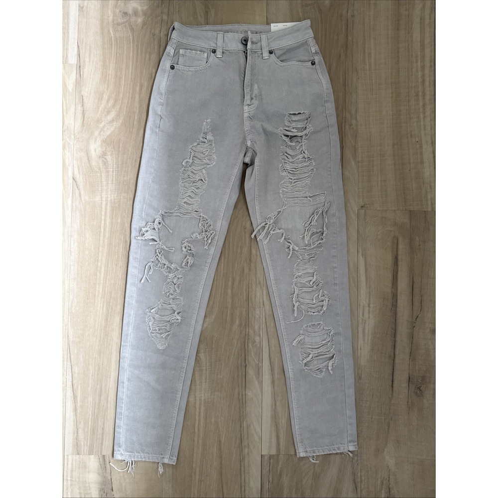American‎ Eagle Mom Jeans High Rise Distressed Destroyed Grey Denim Size 00 NWT